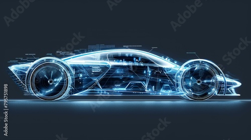 a futuristic car is shown in blue light with a dark background