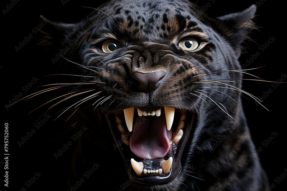 A fierce black panther bares its teeth, showcasing its sharp fangs and yellow eyes. Isolated on black, this close-up captures the animals raw power. A fierce black panther bares its teeth, showcasing its sharp fangs and yellow eyes. Isolated on black, this close-up captures the animals raw power.
