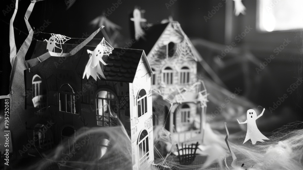 Vintage Black & White Haunted House with Ghosts.