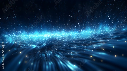  Dive into the digital realm with an abstract technology background featuring mesmerizing neon blue data streams and particles, depicting a cyber network concept in stunning HD detail