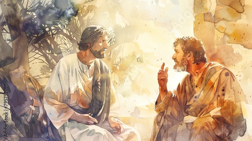 a painting of two men sitting next to each other on a bench photo