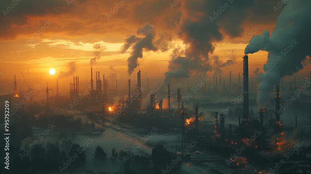 Factory with Large Pipes and Smoke Pollutes,
Aerial view at dawn Metallurgical plant emits smog worsening the areas ecology
