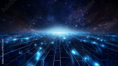  Embark on a journey through cyberspace with an abstract technology background featuring neon blue data streams and particles  illustrating the intricate web of connectivity in a cyber network concept