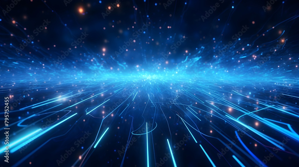 Experience the allure of the digital world with an abstract technology background featuring futuristic neon blue data streams and particles, capturing the essence of a cyber network concept Experience the allure of the digital world with an abstract technology background featuring futuristic neon blue data streams and particles, capturing the essence of a cyber network concept