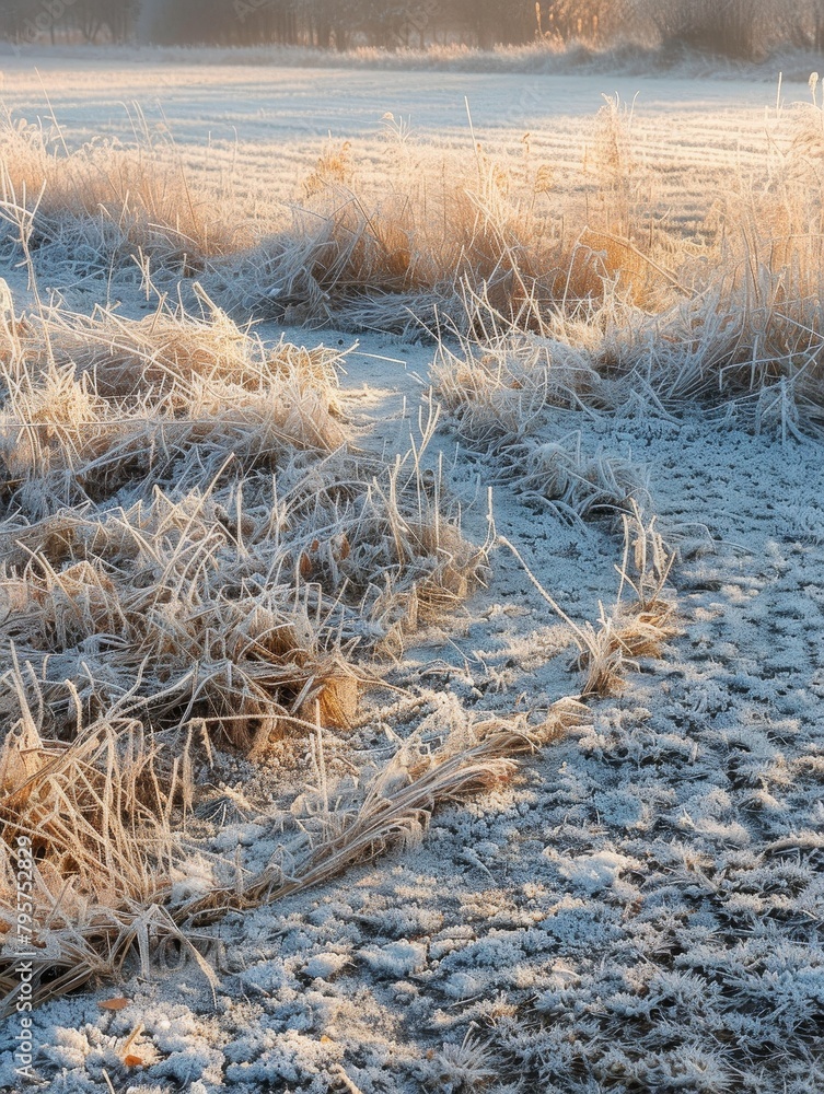 Morning sun glows on a frost-laden landscape at dawn. Morning sun glows on a frost-laden landscape at dawn.