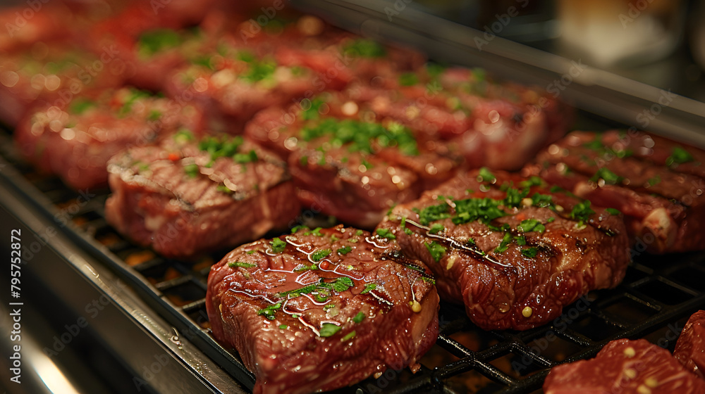 Raw Meat Steaks,
Hot spicy steak grilling on a summer barbecue over the hot coals garnished decorated