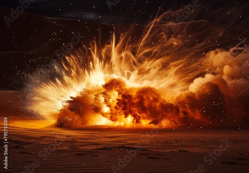 Explosion ignites desert sand, creating billows of smoke, flames, and sparks under the night sky.
