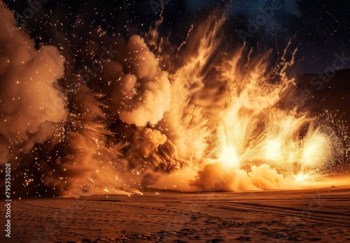 Explosion ignites desert sand, creating billows of smoke, flames, and sparks under the night sky.