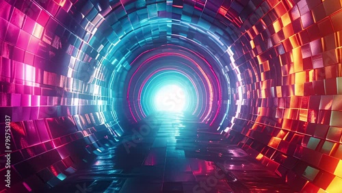 Abstract futuristic tunnel with colorful glowing lights and mosaic walls. Animation with zoom effect. High quality 4k footage photo