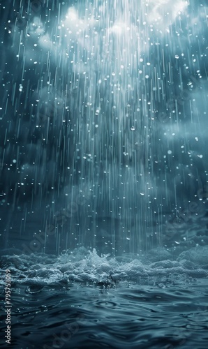 Heavy rain with water droplets splashing in a wild river, creating a dramatic and wet scene. Ideal for weather visuals, nature themes, and atmospheric designs.