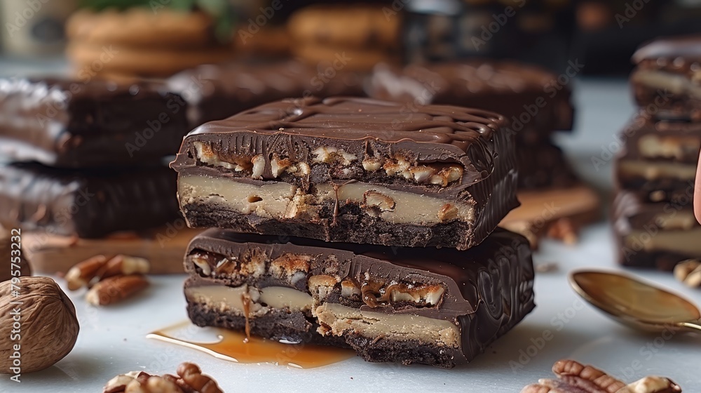 A tight shot of three chocolates with nuts on a table, accompanied by more chocolates and nuts A tight shot of three chocolates with nuts on a table, accompanied by more chocolates and nuts