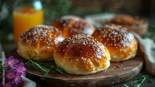 High-Quality Image of Hot Cross Buns and Juice on a Cottage Table. Concept Food Photography, Cottage Setting, Breakfast Scene, Mouth-Watering Food Shot