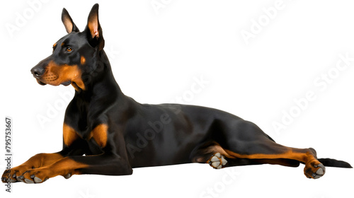 Black and brown doberman pinscher security guard dog breed lying on the floor, pet animal isolated on transparent background. 