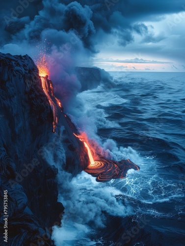 Fiery lava snakes down a rugged coastline.