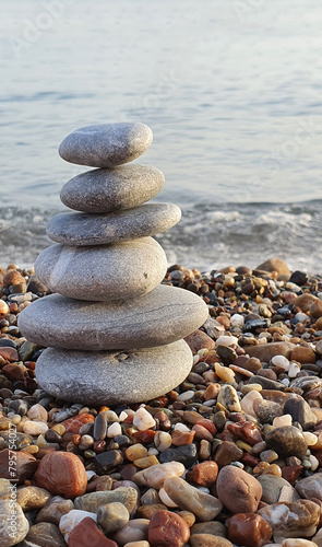 Spa stones balance on the sand of the beach.