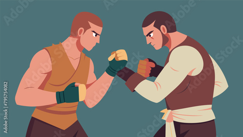 A pair of fighters wrap their hands with leather bindings preparing to engage in a knuckle boxing match a popular form of HEMA in medieval