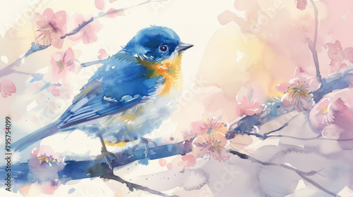 A detailed painting of a blue bird perched elegantly on a tree branch with a soft background