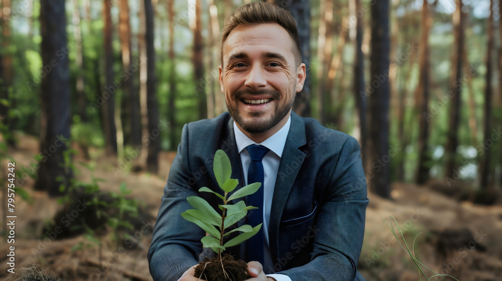 Businessman plant a tree in the forest. Investment and growth concept, finance and economy development, increase wealth and profit. Businessman plant a tree in the forest. Investment and growth concept, finance and economy development, increase wealth and profit.