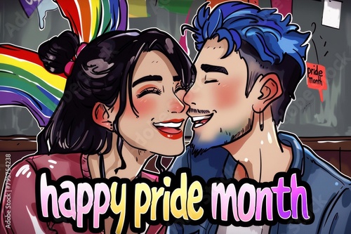 Happy Pride Month celebration card with LGBTQIA+ couple