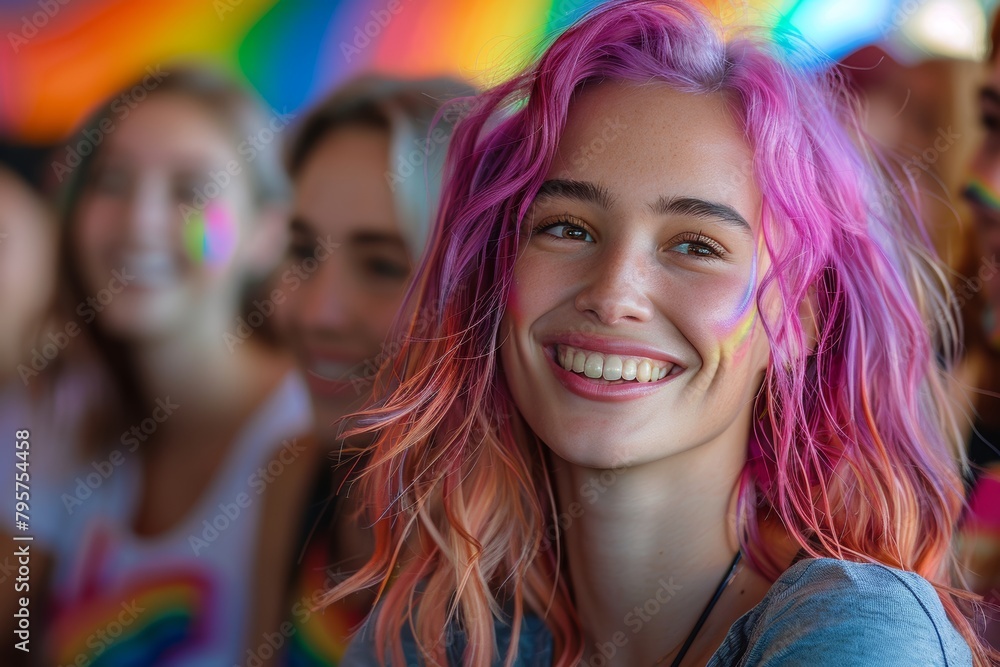 Woman with pink hair at LGBT Pride Month event