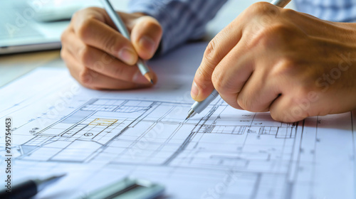 Closeup of a male architect holding a pen in his hand, drawing a sketch of an architectural plan for building renovation. Man construction design in office, draft structure on paper on desk table