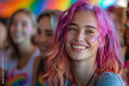 Woman with pink hair at LGBT Pride Month event