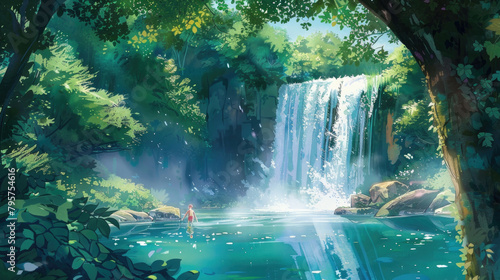 A painting depicting a waterfall flowing gracefully in a lush forest setting