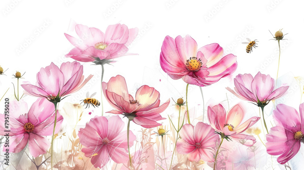 A painting depicting pink flowers in bloom with a bee collecting nectar A painting depicting pink flowers in bloom with a bee collecting nectar