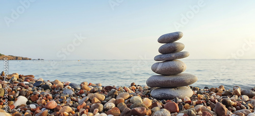 Spa stones balance on the sand of the beach.
