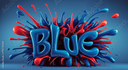 Mesmerizing and vibrant colorful liquid paint splash forming the word 'blue' in a creative and artistic typography concept style.	
