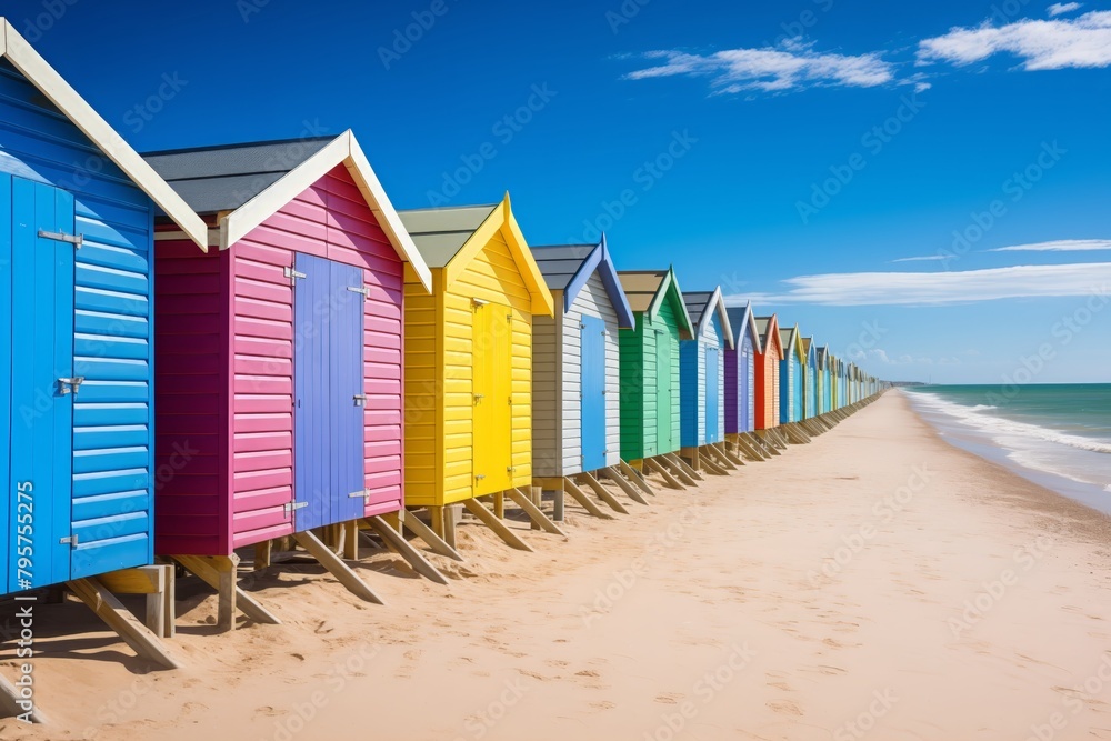 Colorful beach huts in a row under blue sky Colorful beach huts in a row under blue sky