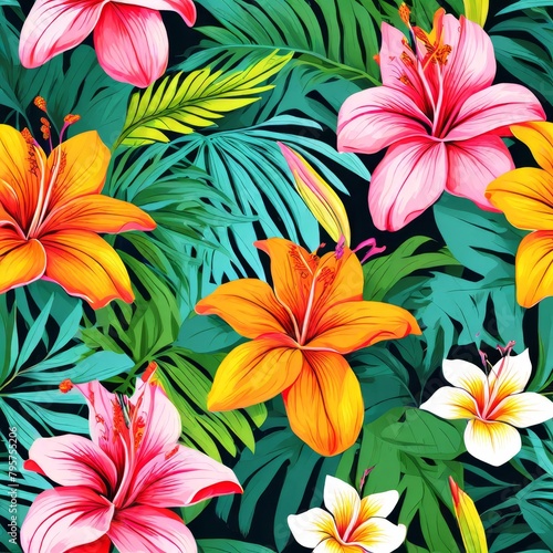 Hand drawn tropical flowers background AI generated