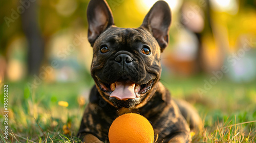 Fototapeta Naklejka Na Ścianę i Meble -  Closeup of beautiful cute French bulldog or Frenchie dog breed, happy joyful pet playing with a ball in summer or spring sunny park outdoors or outside. Animal activity in nature