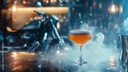 A sophisticated cocktail emits smoke on a bar counter, with a sleek motorcycle in the soft-focus background, under ambient lighting. 