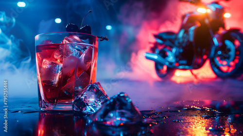 A close-up of a cherry cocktail with ice cubes, set against a blurred motorcycle background with a dramatic blue and red light play. 