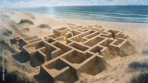 Labyrinth or maze made out of sand on sea or ocean beach illustration. Search for exit in a game or a riddle concept. Find the solution, right path to achieve a goal photo