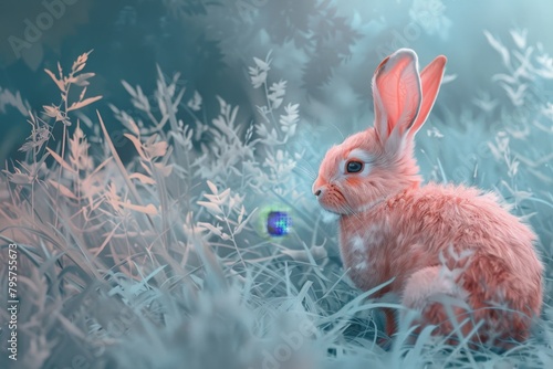 Pink rabbit on blue grass in rembrandt style, animal photography for prints and designs photo