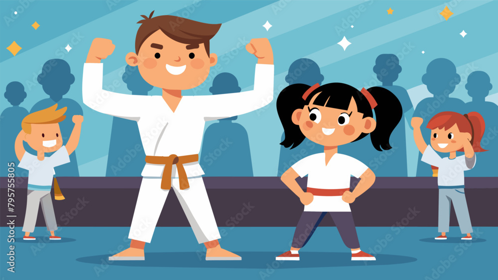 A teenage boy and his little sister competing in a friendly martial arts tournament their parents cheering them on proudly from the sidelines.
