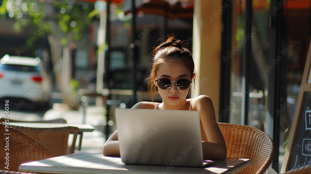 A fashionable young woman with sunglasses working intently on her laptop at an outdoor cafe, embodying a remote work lifestyle.
A fashionable young woman with sunglasses working intently on her laptop at an outdoor cafe, embodying a remote work lifestyle.