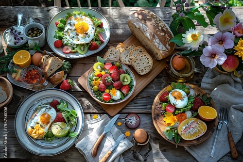 A rustic wooden table adorned with a spread of organic, locally sourced breakfast items,