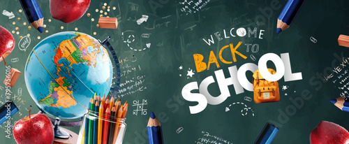 back to school. Vector illustration of globe, colored pencils, backpack, apple, eraser, school board with chalk for banner, background or flyer	
