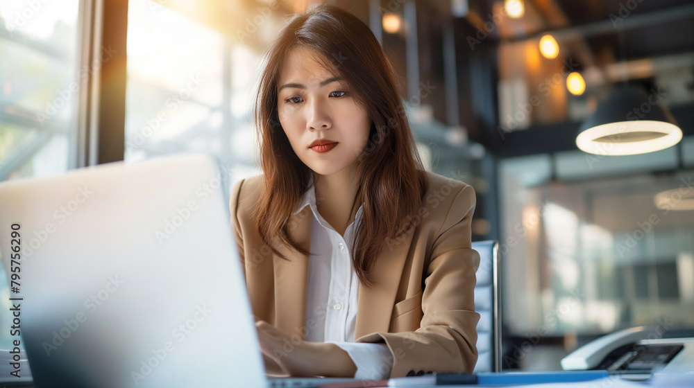 Fototapeta premium Asian businesswoman using laptop while analyzing reports in office.