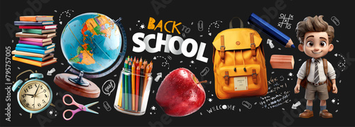 Back to school. Vector illustration of items: books, globe, alarm clock, scissors, pencils, apple, backpack, eraser, boy schoolboy character	
