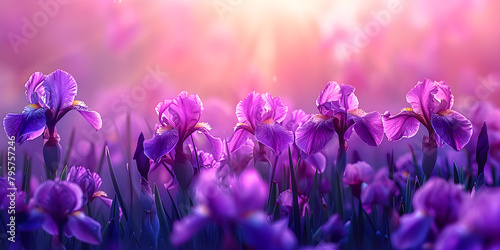 Violet iris flowers on a meadow in morning light, beautiful floral background for greeting card for various holidays and events.