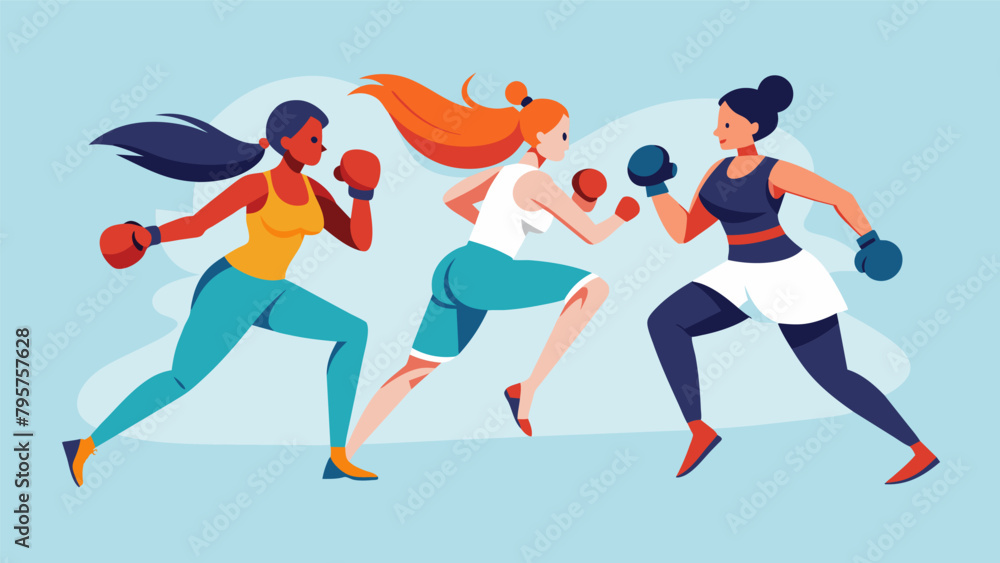 A group of women participating in a sparring competition challenging each other with speed agility and strategic techniques. A group of women participating in a sparring competition challenging each other with speed agility and strategic techniques.