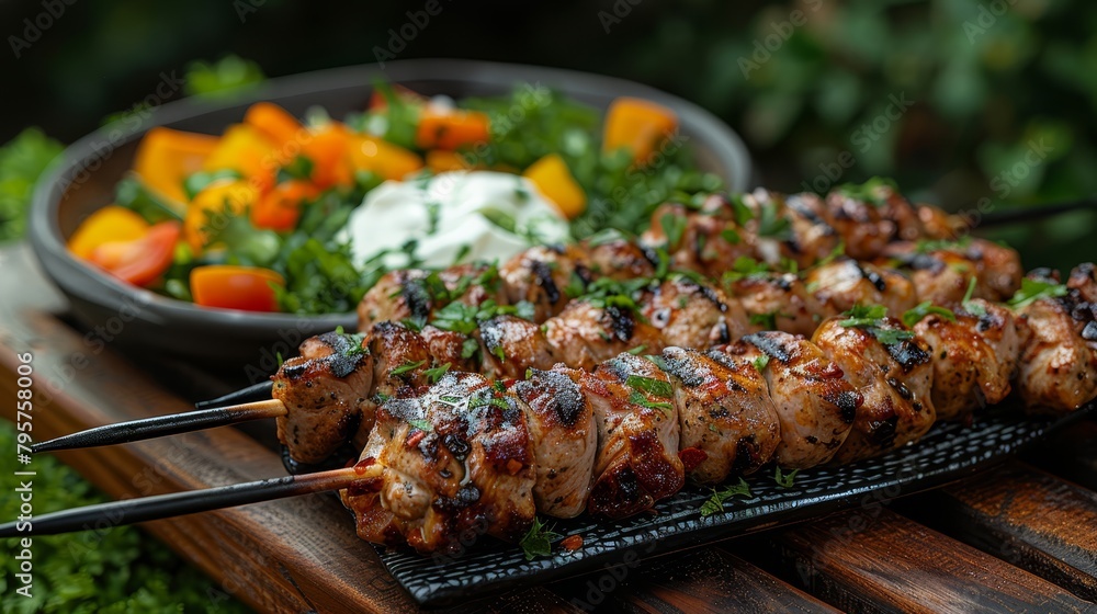 A tight shot of a skewer laden with food on a table In the backdrop, a bowl of salad sits serenely A tight shot of a skewer laden with food on a table In the backdrop, a bowl of salad sits serenely