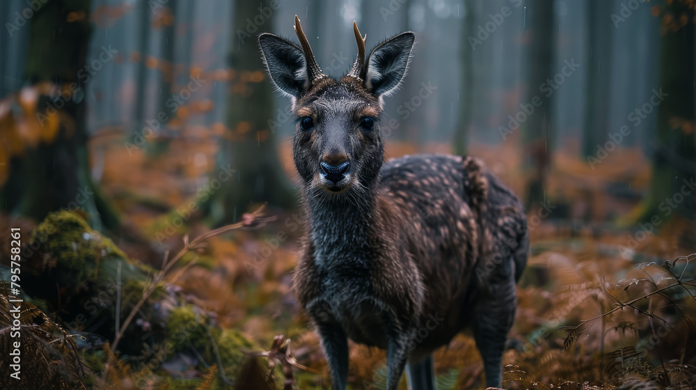 A deer stands amidst a forest, surrounded by tall grass and trees The scene is dotted with a few leaves scattered on the ground A deer stands amidst a forest, surrounded by tall grass and trees The scene is dotted with a few leaves scattered on the ground