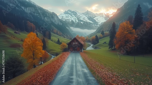   A house sit amidst road, flanked by mountains,..Autumnal trees shed leaves beneath,..Mountains crowned with snow in distance gleam photo