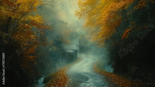   A painting of a forested river, trees sporting yellow and orange leaves in a foggy, misty scene photo