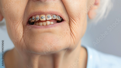 Closeup of old woman, senior lady wearing braces on her teeth with smile. Dentist medicine treatment, happy pensioner patient photo